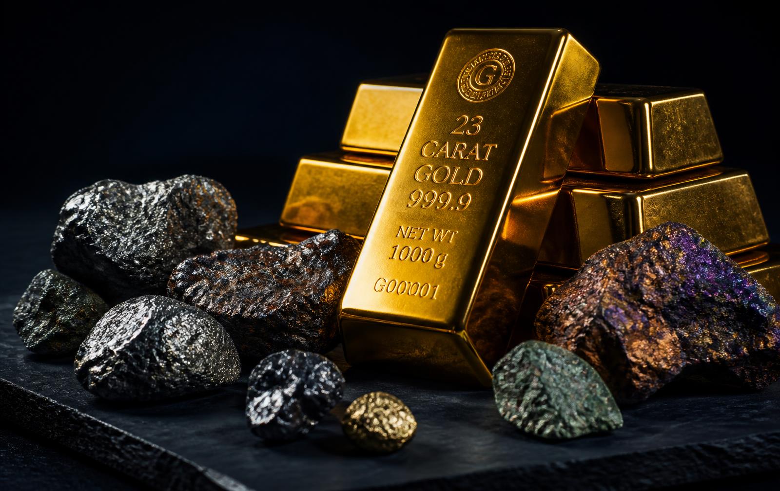 Refined gold bullion bars and rare earth mineral ore on a dark slate surface